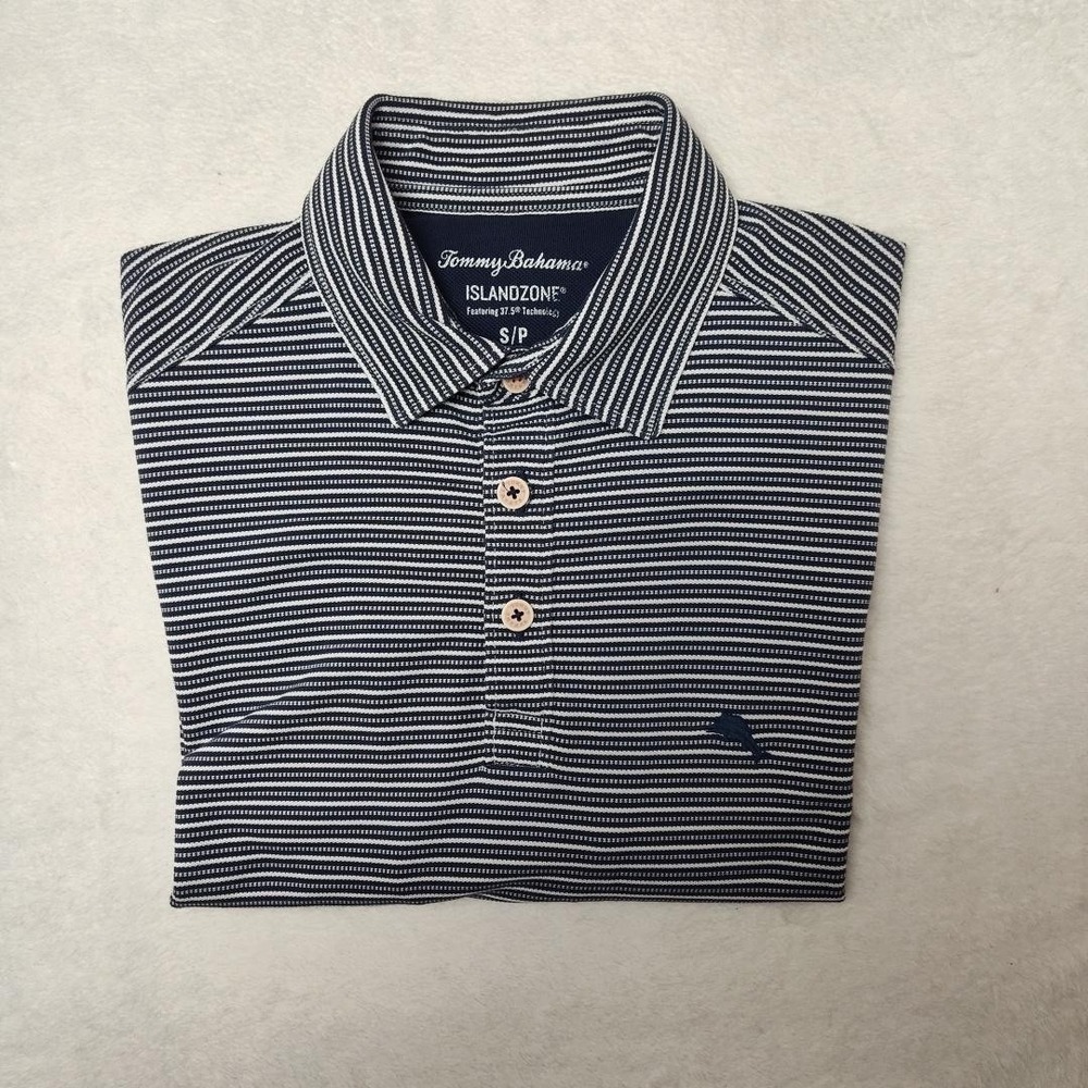 Tommy Bahama Polo Shirt Mens Small Blue Striped Island Zone Collared Golf Marina